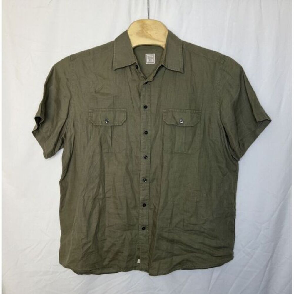 Merona Men's Size XL (17-17.5) Short Sleeve Linen Button-Up Shirt Khaki Green‎